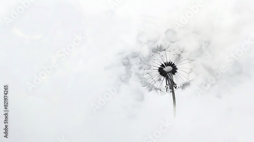 Whimsical dandelion seed head floating on a white background  embodying simplicity and serenity.