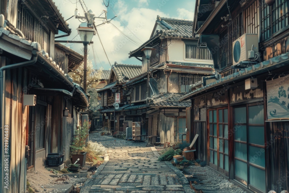 Charming cobblestone street with rustic wooden buildings, ideal for historical or European-themed projects Charming cobblestone street with rustic wooden buildings, ideal for historical or European-themed projects