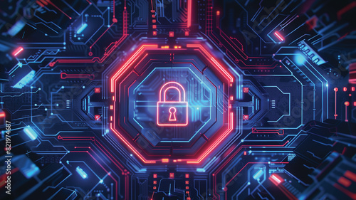 circuit board background with padlock, a neon blue and red graphic illustration a padlock symbol in the middle, glowing in red