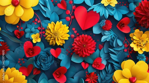 Colorful paper flowers with a red heart in the center. Ideal for Valentine s Day decorations