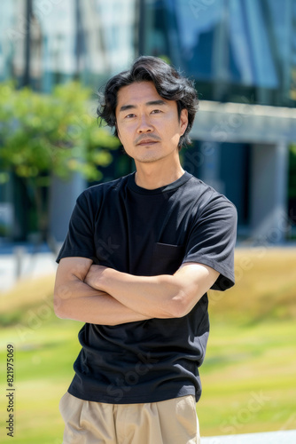 Asian man in a casual black t-shirt and khaki pants is in the thinking posture by tilting head hold hand on jaw or shin and crossing one arm isolated on the yard in front of building. © Surachetsh