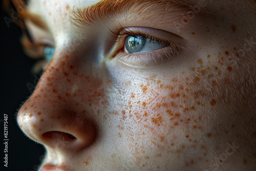 Macro portrait wallpaper of a human cheek, emphasizing skin texture, pores, freckles, and moles. Subtle shadows from cheekbone structure enhance the detailed and natural composition. photo