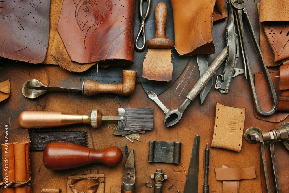 Leatherworking tools displayed on a wooden table. Ideal for crafting or DIY projects Leatherworking tools displayed on a wooden table. Ideal for crafting or DIY projects