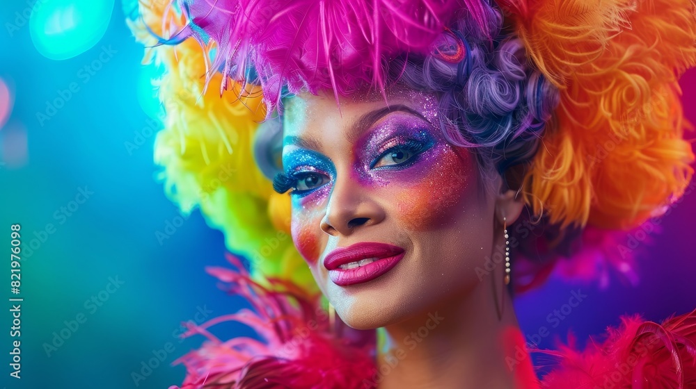 On stage, posing with dynamic lighting and colorful backdrops, an elegant drag queen wears colorful makeup and wigs