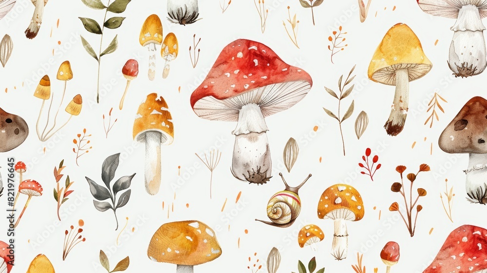 A cute seamless pattern with watercolor hand drawn abstract forest mushrooms, flowers and snails. Great for kids' wallpapers. A cute seamless pattern with watercolor hand drawn abstract forest mushrooms, flowers and snails. Great for kids' wallpapers.