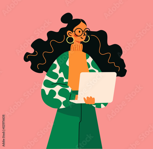 Flat vector illustration. Cute girl with bouffant hairstyle standing and holding a laptop. Illustration in tripod style . Vector illustration