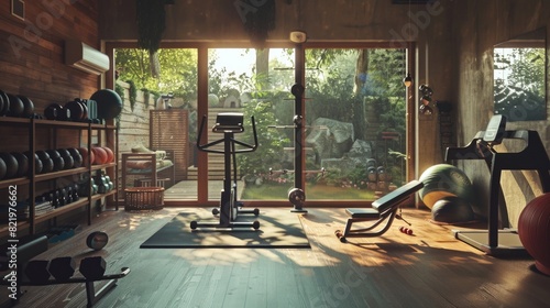 A gym room filled with various exercise equipment. Ideal for fitness and health-related concepts