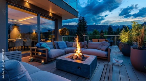 An elegant outdoor terrace with a warm fire pit in the evening is complemented by modern furniture photo