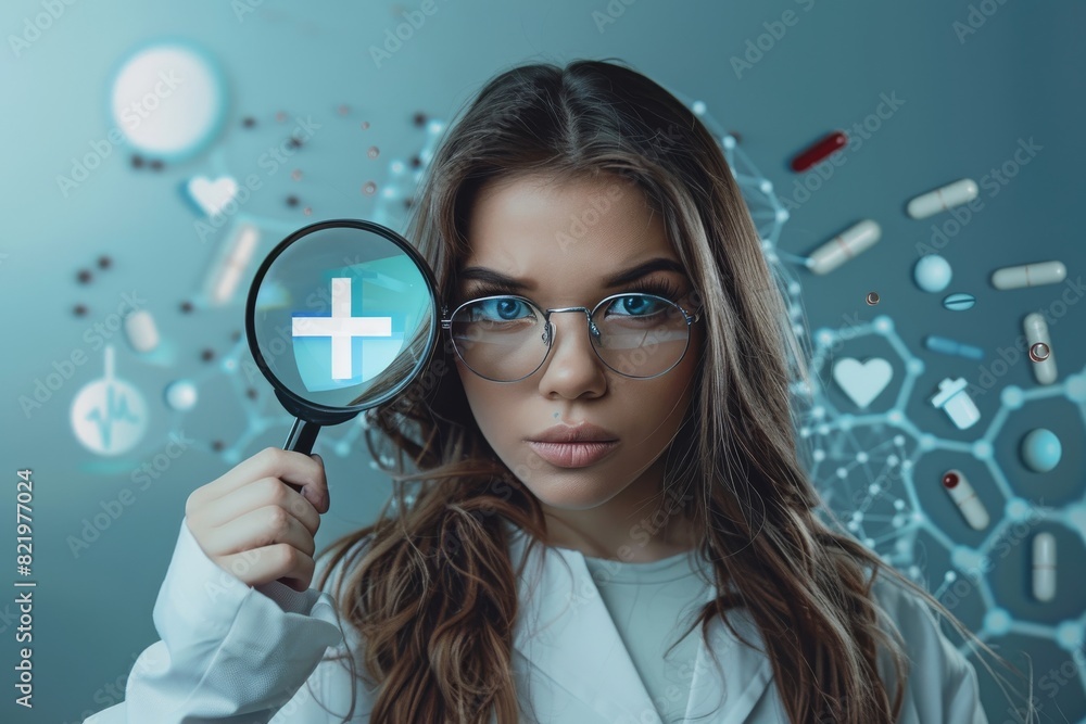 Health technology theme, a man’s hands holding magnifying glass on a blue or green screen with a medical assistance system. Health technology theme, a man’s hands holding magnifying glass on a blue or green screen with a medical assistance system.
