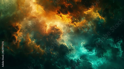 Storm clouds with dark green  blue  yellow  orange red hues. Dramatic night sky background with hurricane winds and rain. Luminous fire flame. Mystical fantasy or epic horror apocalyptic scenery.