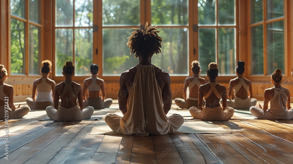 Behind the male yoga teacher and a group of people of different nationalities sitting in the lotus position meditating together. Promoting emotional health Behind the male yoga teacher and a group of people of different nationalities sitting in the lotus position meditating together. Promoting emotional health