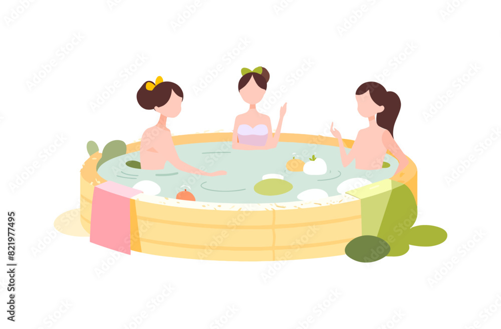 Illustration of women relaxing in a hot spring with fruits and towels. Flat vector illustration isolated. Illustration of women relaxing in a hot spring with fruits and towels. Flat vector illustration isolated.