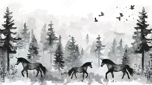 Watercolor Grey Unicorn Birds Fir Trees Forest background