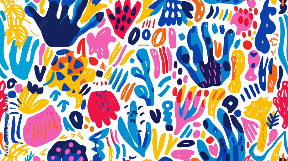 Energetic abstract art seamless pattern with bold colors and playful shapes on a white background. Flat vector illustration Energetic abstract art seamless pattern with bold colors and playful shapes on a white background. Flat vector illustration
