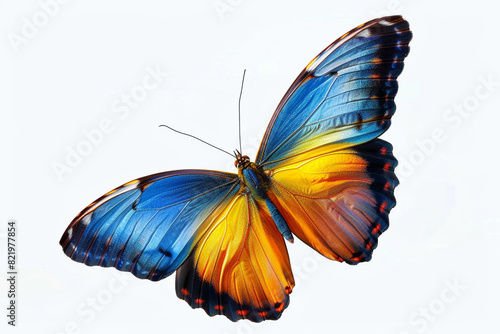 Very beautiful blue yellow orange butterfly in flight isolated on a transparent background 