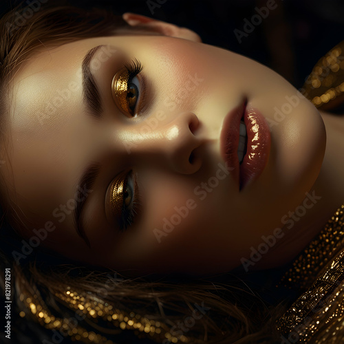 The scene is dominated by a play on black and gold. The woman's face, primarily rendered in darker hues, reveals intricate details like her long, beautifully defined eyelashes