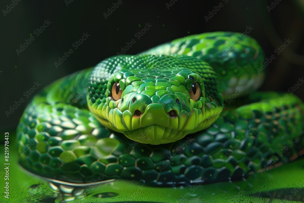 Fototapeta premium Close up of a green snake on a leaf, suitable for nature and wildlife concepts