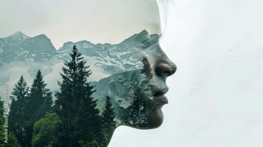 A double exposure shows a woman's face, high mountains and forest in a panoramic view. The concept of merging man and nature. Dream, reminisce or plan a climb. Mountaineer's memory. Illustration.