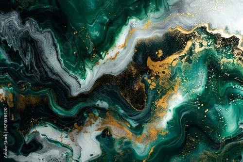 Abstract background or wallpaper of green gold, and white ink like liquid fluid painted painting texture marble stone in luxury theme.