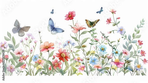 Illustration design concept for logos, weddings, invitations, decor, and prints with watercolor floral garden illustration. Bird, butterfly, flower, wildflower collection in hand drawn watercolor.