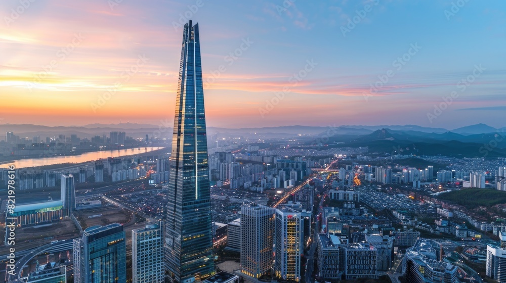 Obraz premium Cityscape view at sunset from a high rise building. Suitable for urban landscapes