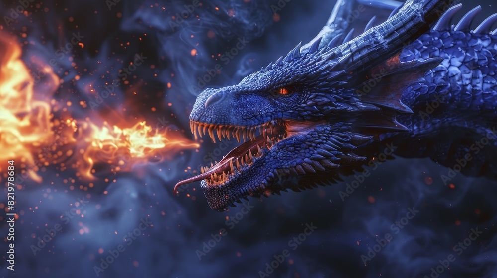 Side view of a blue dragon spitting fire