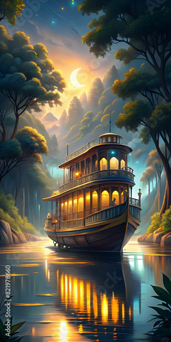 A majestic river boat glides through the tranquil waters, its reflection shimmering in the moonlight. The towering trees on the riverbank sway gently in the breeze