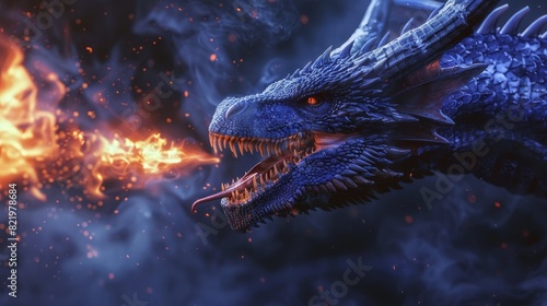 Side view of a blue dragon spitting fire © Bundi