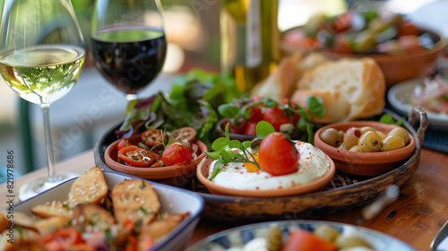 Vibrant tray with Mediterranean dishes in a bright  airy restaurant.