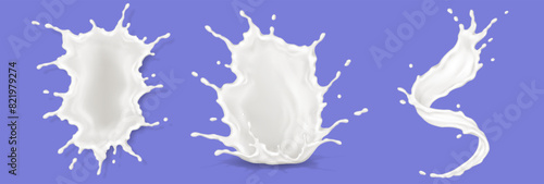 Milky cream products splashes while falling realistic vector illustration set. Liquid cosmetic products in motion 3d objects on purple background