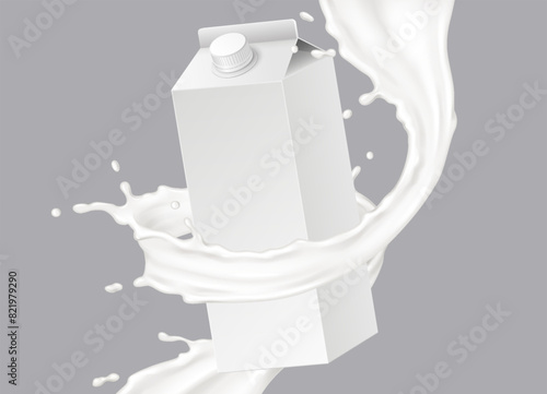 Milk swirl around mockup milk box realistic vector illustration. Dairy product packaging with copy space 3d objects on white background