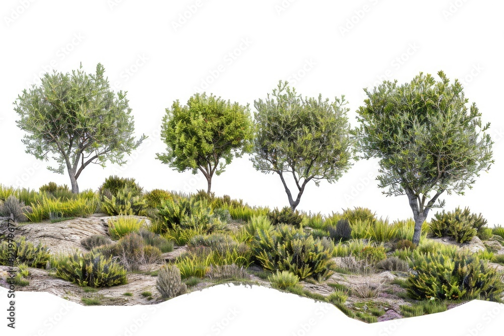 A group of trees on a lush green hillside. Perfect for nature backgrounds