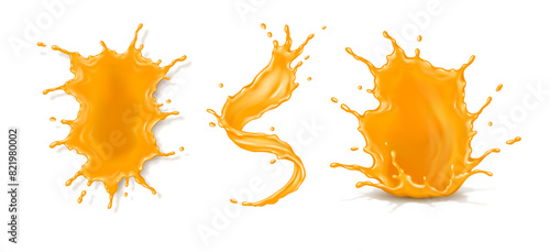 Citrus fruit juice splatters realistic vector illustration set. Healthy natural drink splashes with drops 3d objects on white background