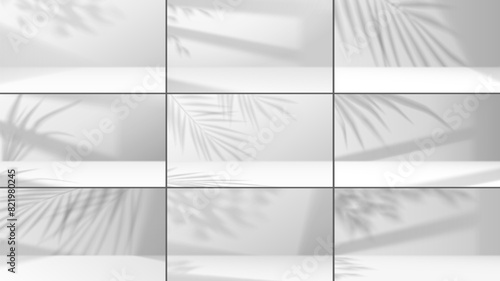 Empty stages with exotic leaves shadows realistic vector illustration set. Product showing displays 3d backdrops black and white