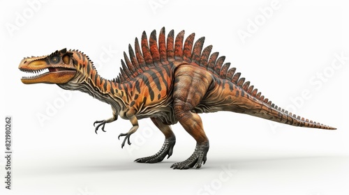 An illustration of a spinosaurus on a white background. Spinosaurus was one of the largest carnivorous dinosaurs. 3D rendering.