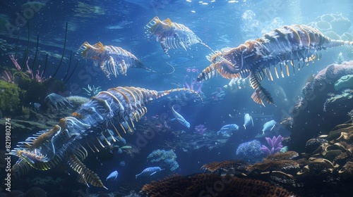 Adapted from a 3D science illustration of a Cambrian underwater scene that includes Anomalocaris, Opabinia, Hallucigenia, Pirania, and Dinomischus (animal species of the Cambrian period) photo