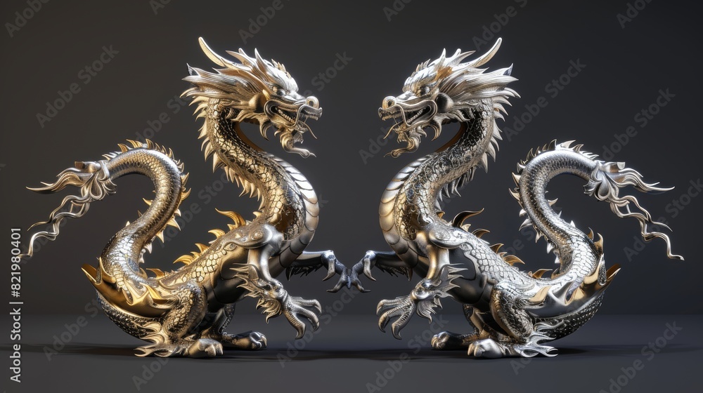Obraz premium Gold and silver dragon in smart pose with alpha path, 3d rendering included.