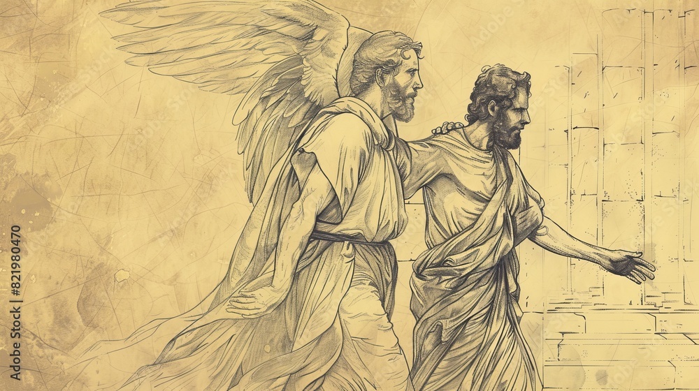 Fototapeta premium Watercolor of Peter’s Miraculous Escape from Prison with Angel - Biblical Art