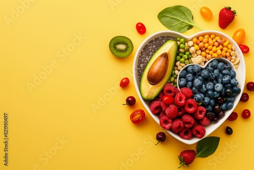 Diet food for health with heart bowl. solid yellow background Banner  place for text 