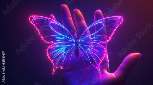 Magical glowing neon sign and fluorescent butterfly stand on a hopeful stage © Bundi
