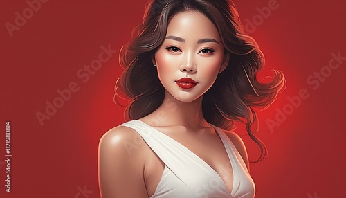 portrait of a brunette woman wearing a white dress on a red background