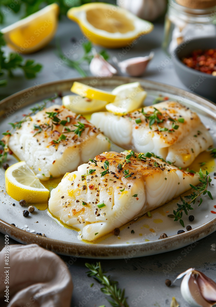 Pan-seared cod fillets with lemon and herbs garnish Pan-seared cod fillets with lemon and herbs garnish