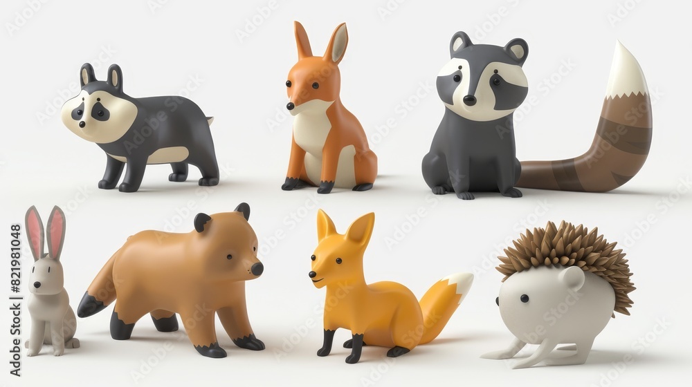 Naklejka premium Animated animals set of bear, raccoon, fox, hare, squirrel, hedgehog and deer in 3D, isolated. Stock AI.