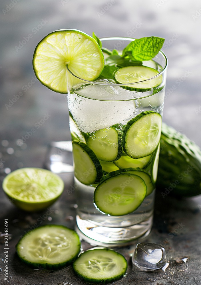 Refreshing cucumber lime water with mint on dark background Refreshing cucumber lime water with mint on dark background