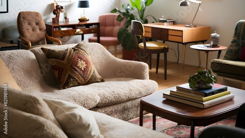 Cozy living room with couch, coffee table, lamp, table, and chair. Perfect home interior decor.
