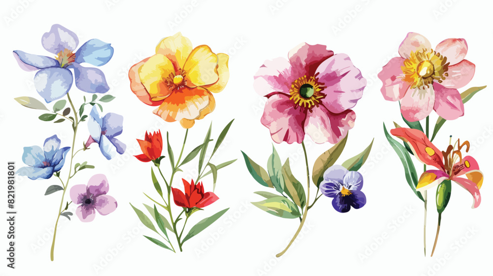 Watercolor flowers Four  floral illustration for green