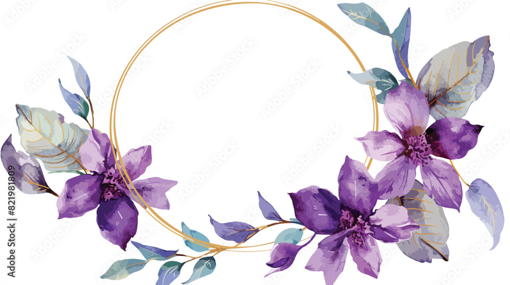 Watercolor mint leaves purple violet floral golden ro