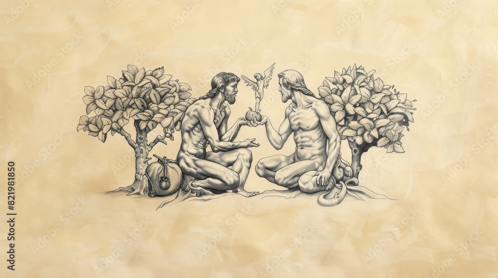 Watercolor of the Creation of Adam and Eve in the Garden of Eden ...