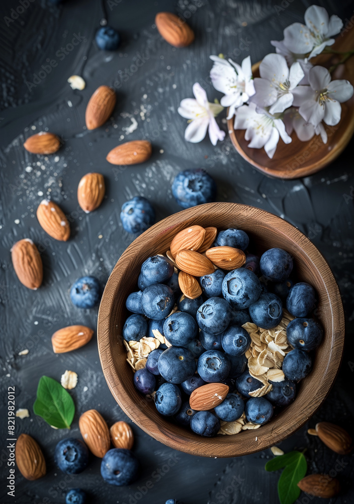 Blueberries, Almonds, and Oats in Wooden Bowl with Floral Accent Blueberries, Almonds, and Oats in Wooden Bowl with Floral Accent