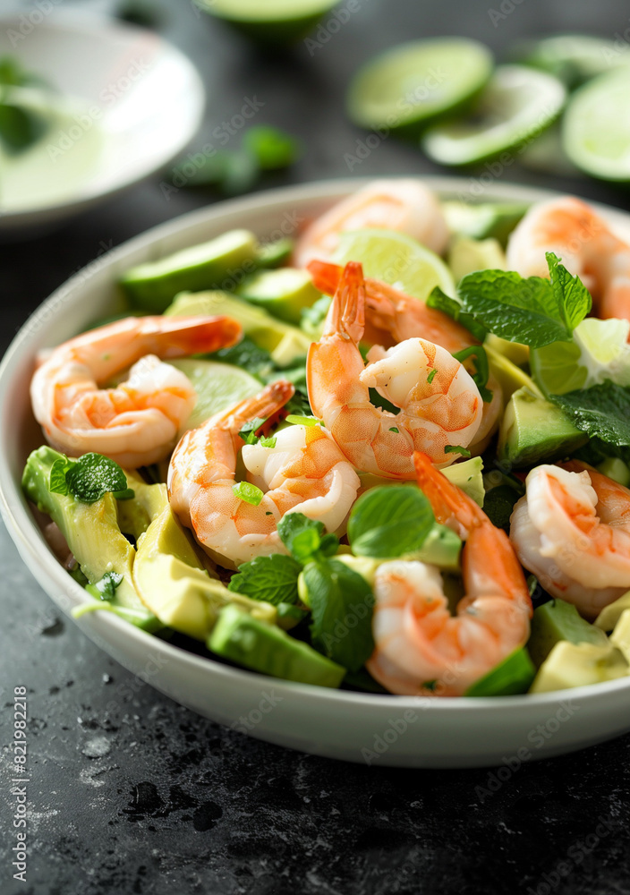 Shrimp and Avocado Salad with Fresh Mint and Lime in White Bowl Shrimp and Avocado Salad with Fresh Mint and Lime in White Bowl